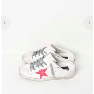 Golden Goose Women Superstar Sabot Leather White Sneaker With Glitter Pink Star